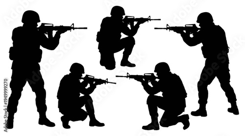Six soldier silhouettes in various combat poses holding rifles.