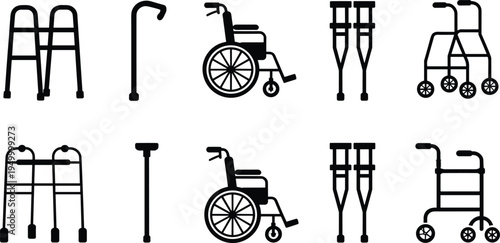 Disability mobility aid icon set with walker wheelchair crutches cane and rollator, healthcare assistive equipment outline and solid vector icons