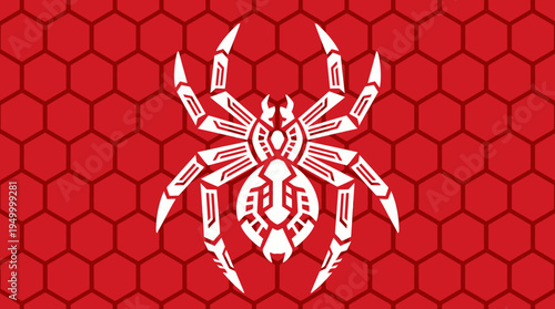 A white stylized robotic spider emblem on a red hexagonal pattern background.