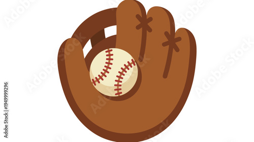 A brown baseball glove holding a white baseball with red stitching, isolated on a white background.