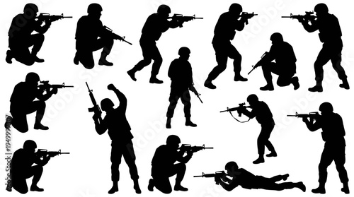 Silhouettes of soldiers in various combat and tactical poses with assault rifles, ready for action.