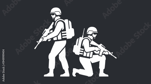 Two white silhouette soldiers, one standing and one kneeling, with rifles and tactical gear on a dark background.