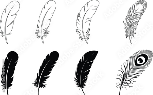 Feather and peacock feather icon set with outline and silhouette bird plumage collection for nature, boho decoration, tribal and vintage design