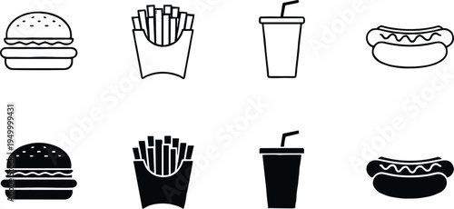 Fast food icons set with hamburger french fries soda drink hot dog, minimalist line and silhouette street food vector collection