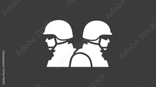 Two stylized white silhouettes of soldiers back-to-back on a dark grey background, representing military or conflict.