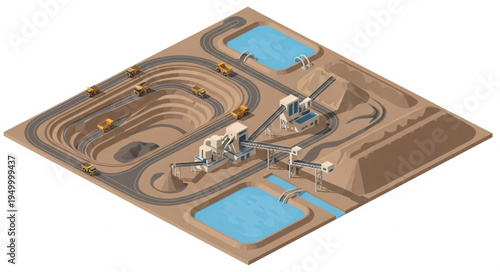 Aerial view of an industrial mining operation with heavy machinery and water reservoirs.