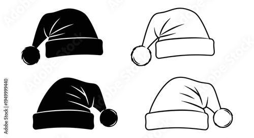 Christmas Santa Hat Set: Black and White Silhouettes and Line Art Icons