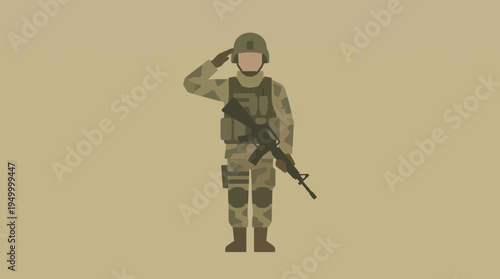 Flat design illustration of a soldier in camouflage uniform saluting while holding a rifle, depicted against a plain background.