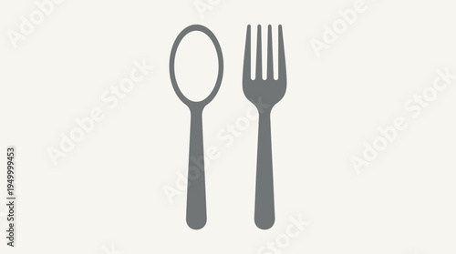 Simple graphic illustration of a grey spoon and a grey fork side by side on a light background, representing cutlery.