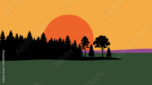 Minimalist vector illustration of a vibrant sunset over a dark forest silhouette with a large orange sun and green foreground.