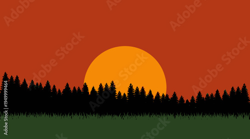 Minimalist illustration of a sunset over a dark forest silhouette with green grass in the foreground and a vibrant orange sky.