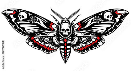 Death's Head Moth with Skull Wings and Red Accents, Tattoo Design