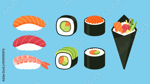 An assortment of traditional Japanese sushi dishes including nigiri, maki rolls, and a temaki hand roll, presented on a light blue background.