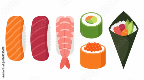 A vibrant collection of various Japanese sushi types including nigiri, maki, gunkan, and temaki rolls, showcasing fresh seafood and rice.