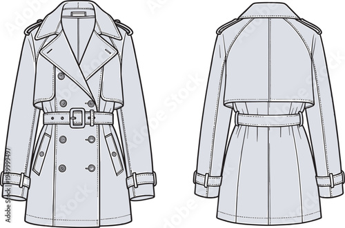 Classic trench coat fashion technical drawing, front and back view women stylish outerwear vector illustration