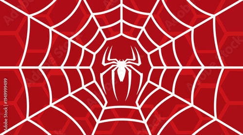 Stylized white spider symbol centered on a white web pattern against a vibrant red background with subtle hexagonal shapes.