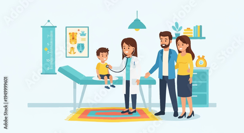 Family and doctor in a pediatrician's office with a child on an examination table