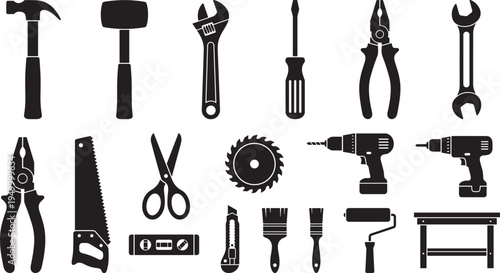 Construction hand tools silhouette collection, hammer wrench screwdriver pliers drill saw scissors paint brush roller vector icon set