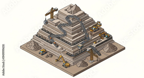 Ancient Egyptian Pyramid Construction Site with Workers and Machinery.