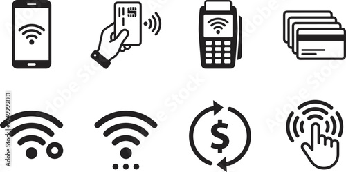 Contactless payment and wireless technology icon set, NFC smartphone POS terminal card transaction signal symbols