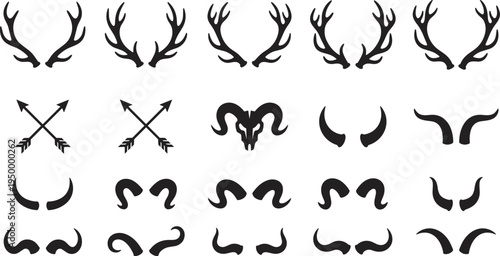 Deer antlers and horn silhouette set, boho western tribal hunting arrows ram skull vector icon collection isolated black elements