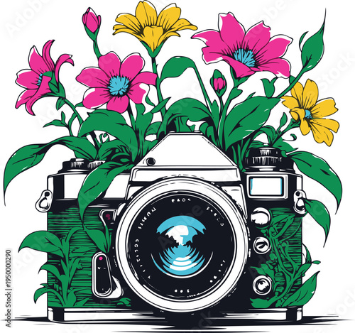 Bold line art illustration of a camera with flowers growing from the lens, creativity concept, thick vector outlines, colorful minimal design, white background 1