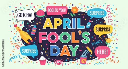 Colorful april fool's day celebration graphic with confetti and surprise messages on light green background