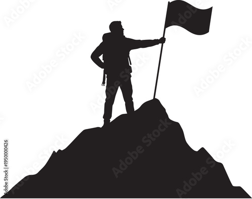 A black silhouette of a hiker standing on top of a mountain peak holding a flag in victory pose Vector, illustration