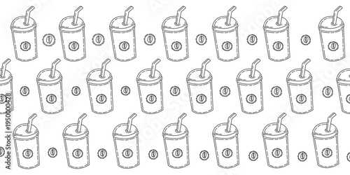 Seamless Pattern of Coffee Cups with Coffee Beans, Hand-Drawn Style