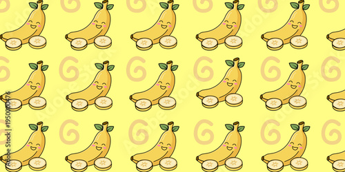 Seamless pattern featuring a delightful cartoon banana with a smiling face on a vibrant yellow background with subtle swirls