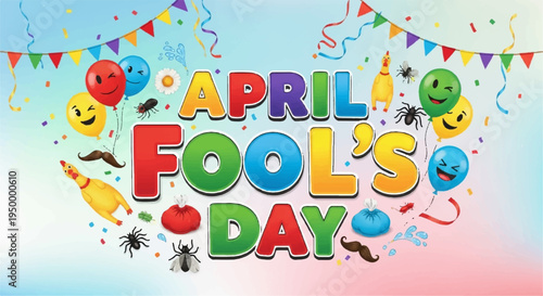 Colorful april fool's day celebration graphic with confetti and emojis on pastel background