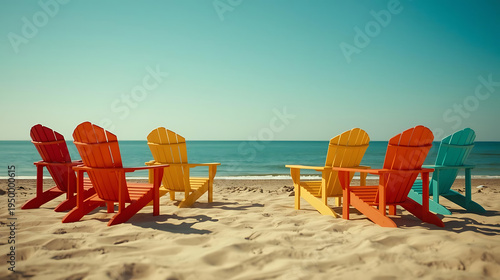 Wallpaper Mural Vibrant beach chairs on sandy shore by serene ocean Torontodigital.ca
