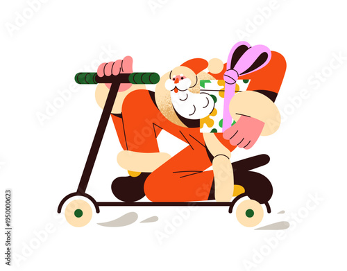 Santa Claus delivers Christmas gift on electric kick scooter. Xmas character hurries up, rides a transport for delivery of New Year's surprises. Flat isolated vector illustration on white background