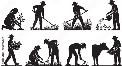 Farmer agriculture work silhouettes set, planting watering hoeing harvesting livestock rural farming vector illustration collection