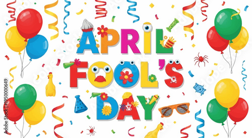Colorful april fool's day celebration background with balloons and confetti
