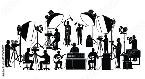 A detailed black silhouette illustration of a professional film and television production studio
