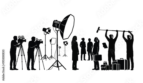 A professional film production crew working on set with cameras lights and audio recording equipment