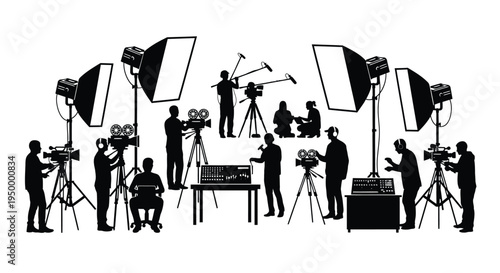 Black silhouette illustration of a professional film production crew working on a movie set