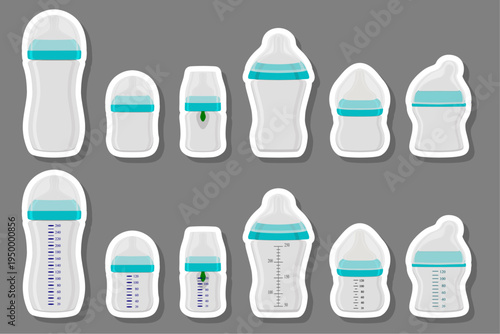big colored set of baby milk in bottle with soft rubber pacifier