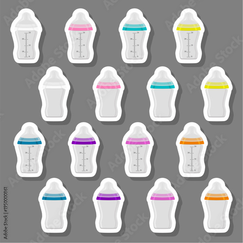 big colored set of baby milk in bottle with soft rubber pacifier