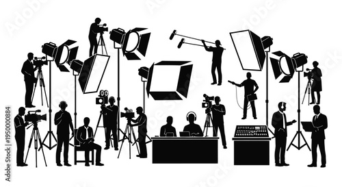 A collection of silhouettes depicting a professional film crew working on a modern media production