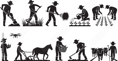 Farmer agriculture work icon set, farming activities silhouette collection with planting harvesting watering tractor drone livestock symbols