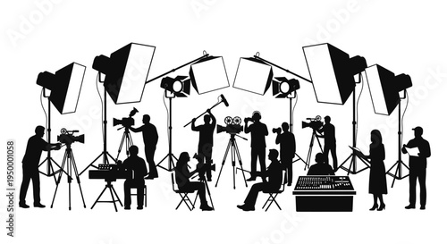 Silhouettes of a professional film production crew working on a movie set with lighting equipment