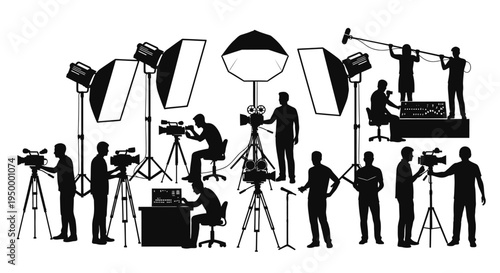 A collection of silhouettes depicting a film production crew working on a professional movie set