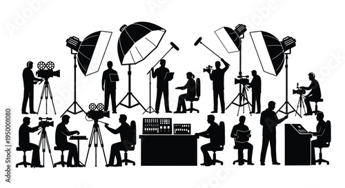 A collection of silhouettes depicting professional film production crew members working on a set