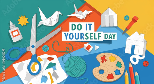 Diy craft tools and supplies for creative projects including scissors paint and paper on colorful background