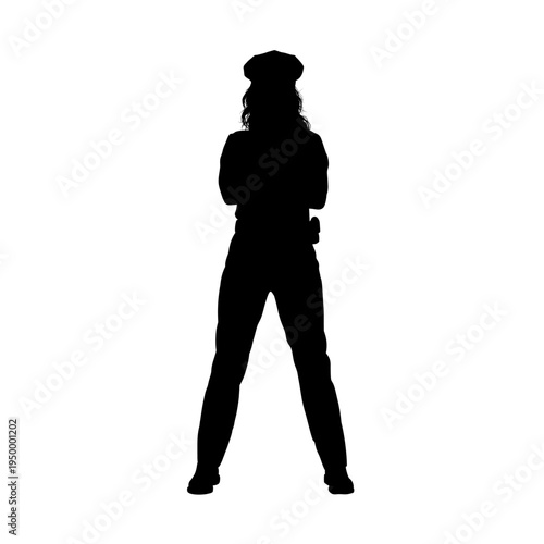 Silhouette of a standing policewoman, front view, isolated - vector illustration