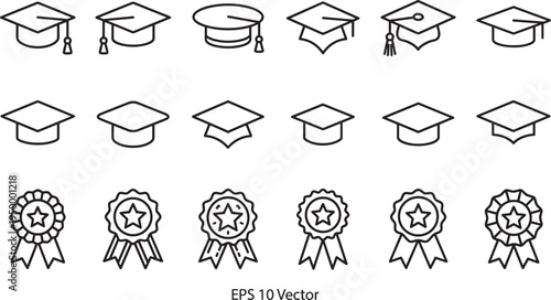 Graduation cap and award ribbon icon set, education achievement symbol collection, academic mortarboard medal vector outline
