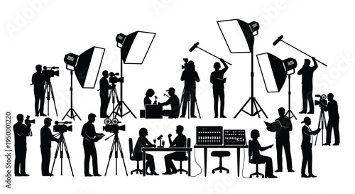 A detailed silhouette collection of professional film crew members working on a busy video set