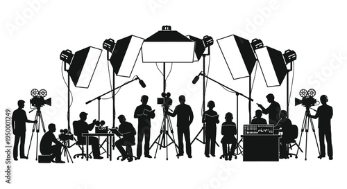 Black silhouette illustration of a professional film production crew working on a movie studio set